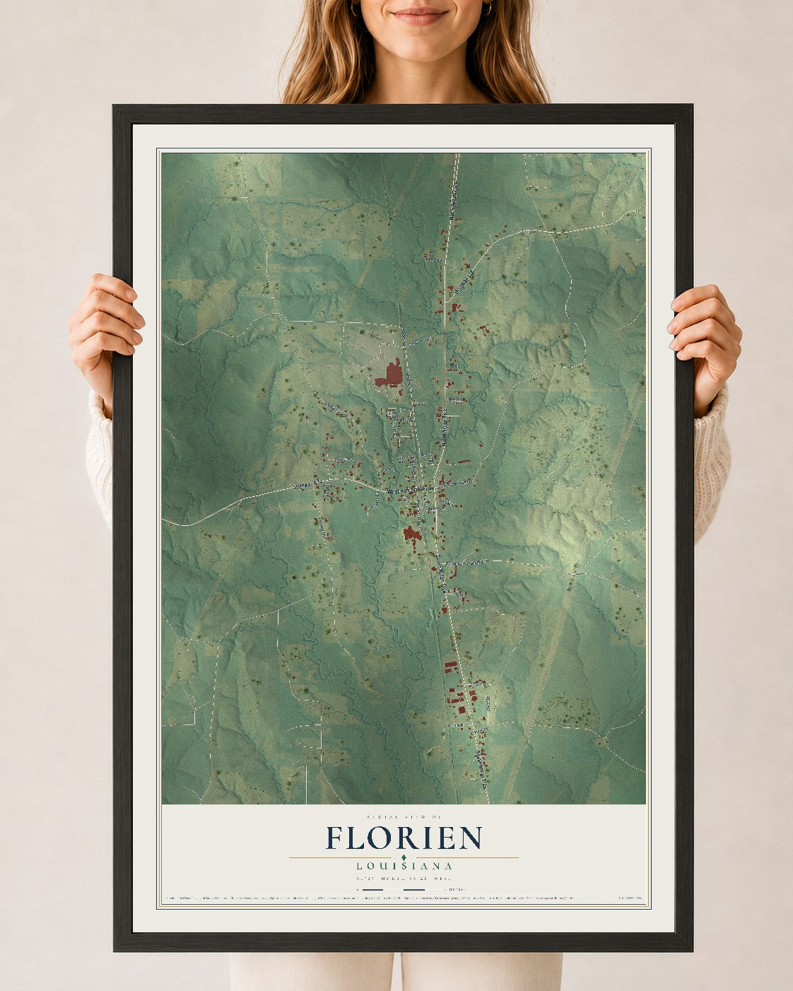 Map of Florien, Louisiana, 24 x 36 inch print in a black wood frame