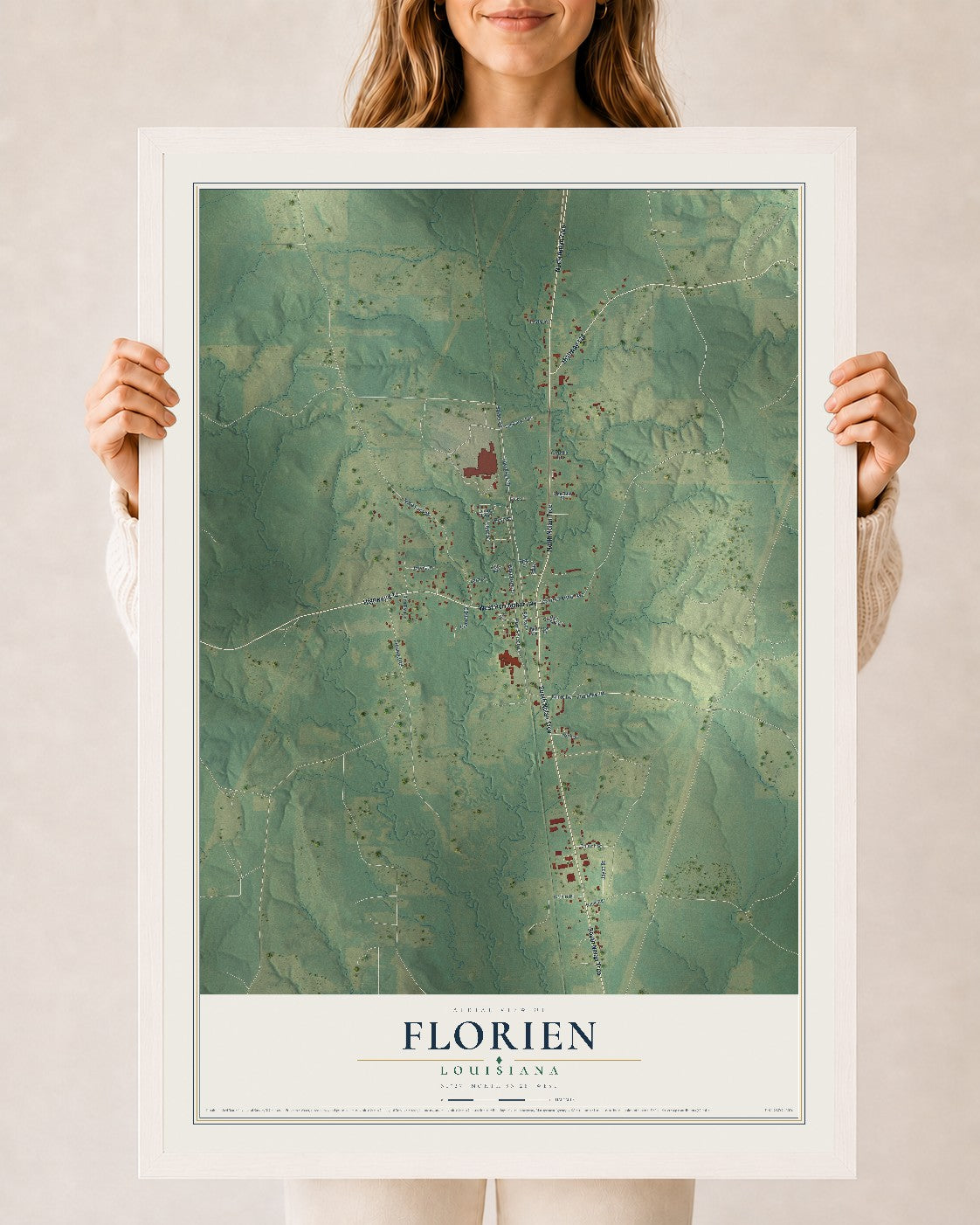Map of Florien, Louisiana, 24 x 36 inch print in a white wood frame