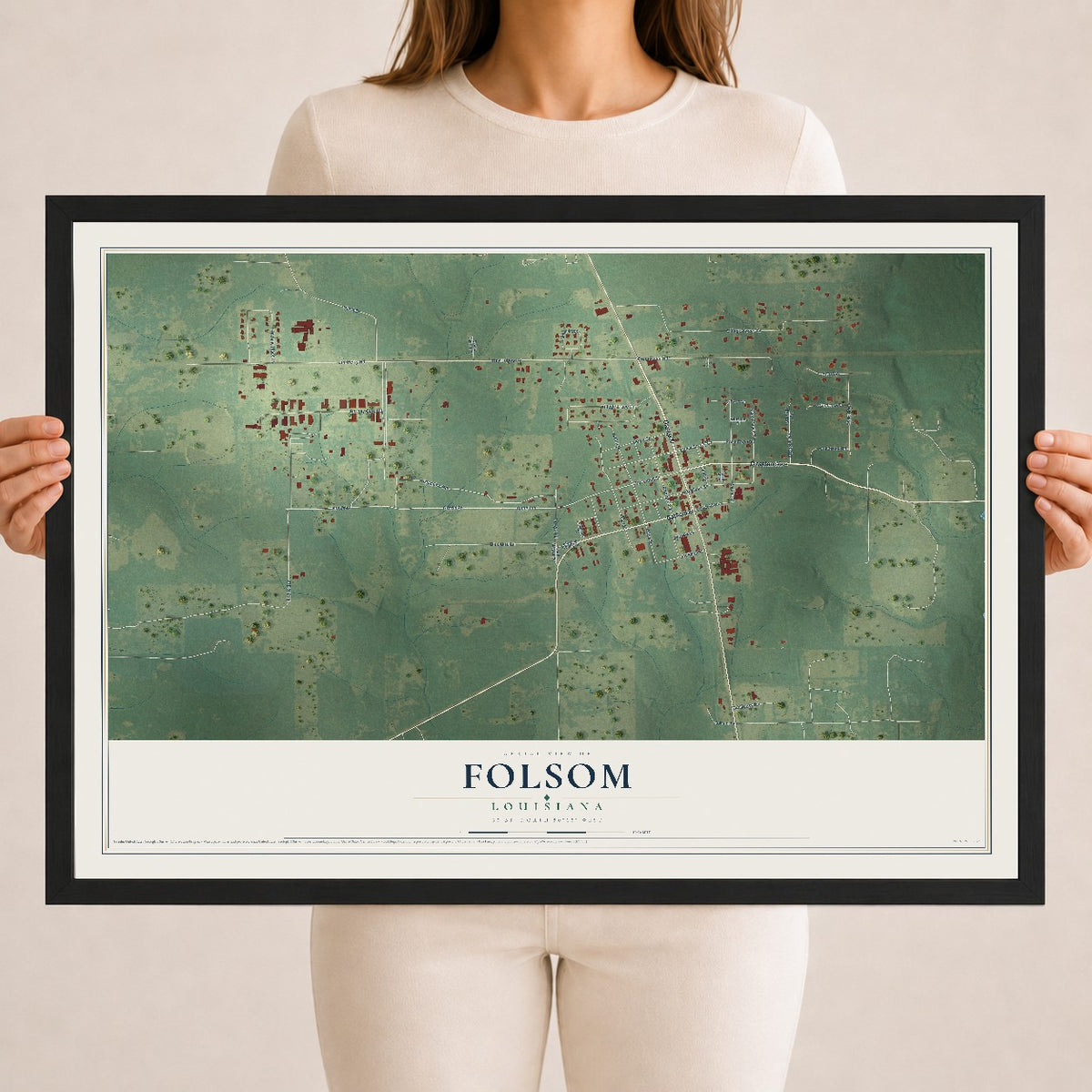 Map of Folsom, Louisiana, 18 x 24 inch print in a black wood frame