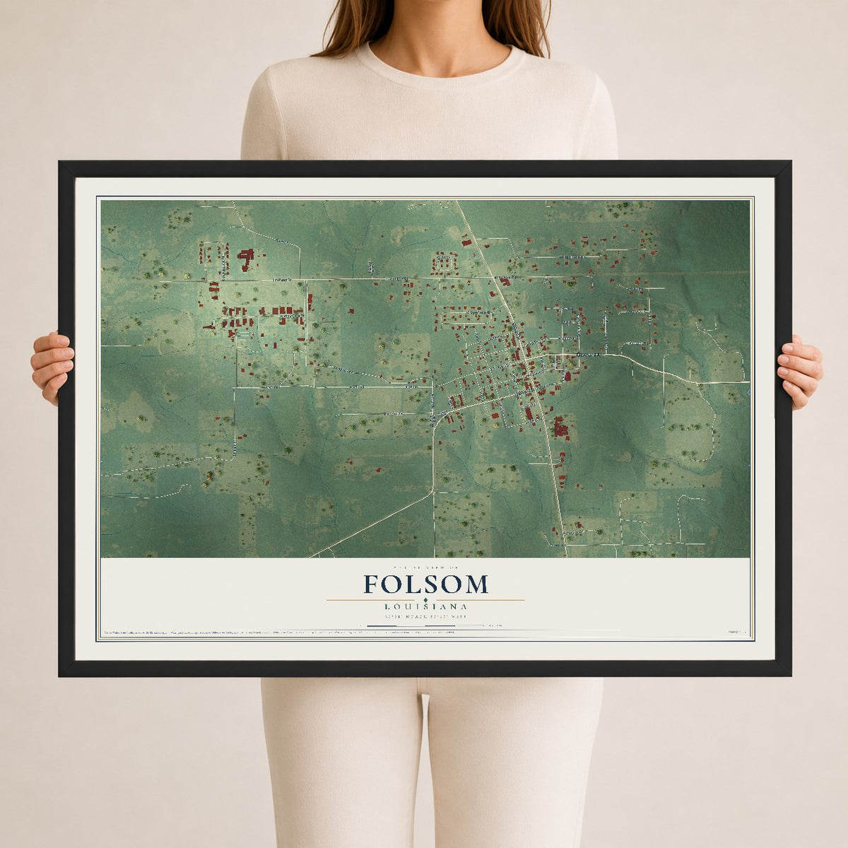 Map of Folsom, Louisiana, 24 x 36 inch print in a black wood frame