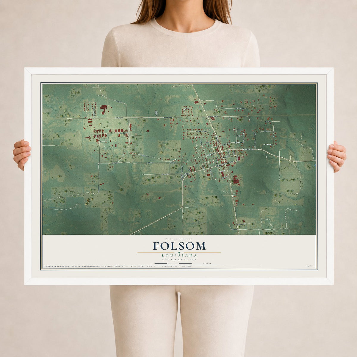 Map of Folsom, Louisiana, 24 x 36 inch print in a white wood frame