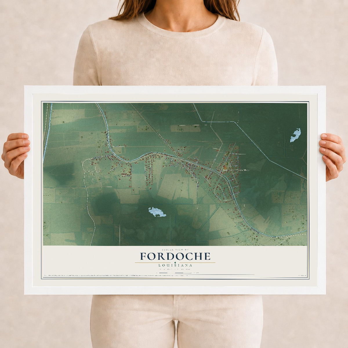 Map of Fordoche, Louisiana, 12 x 18 inch print in a white wood frame