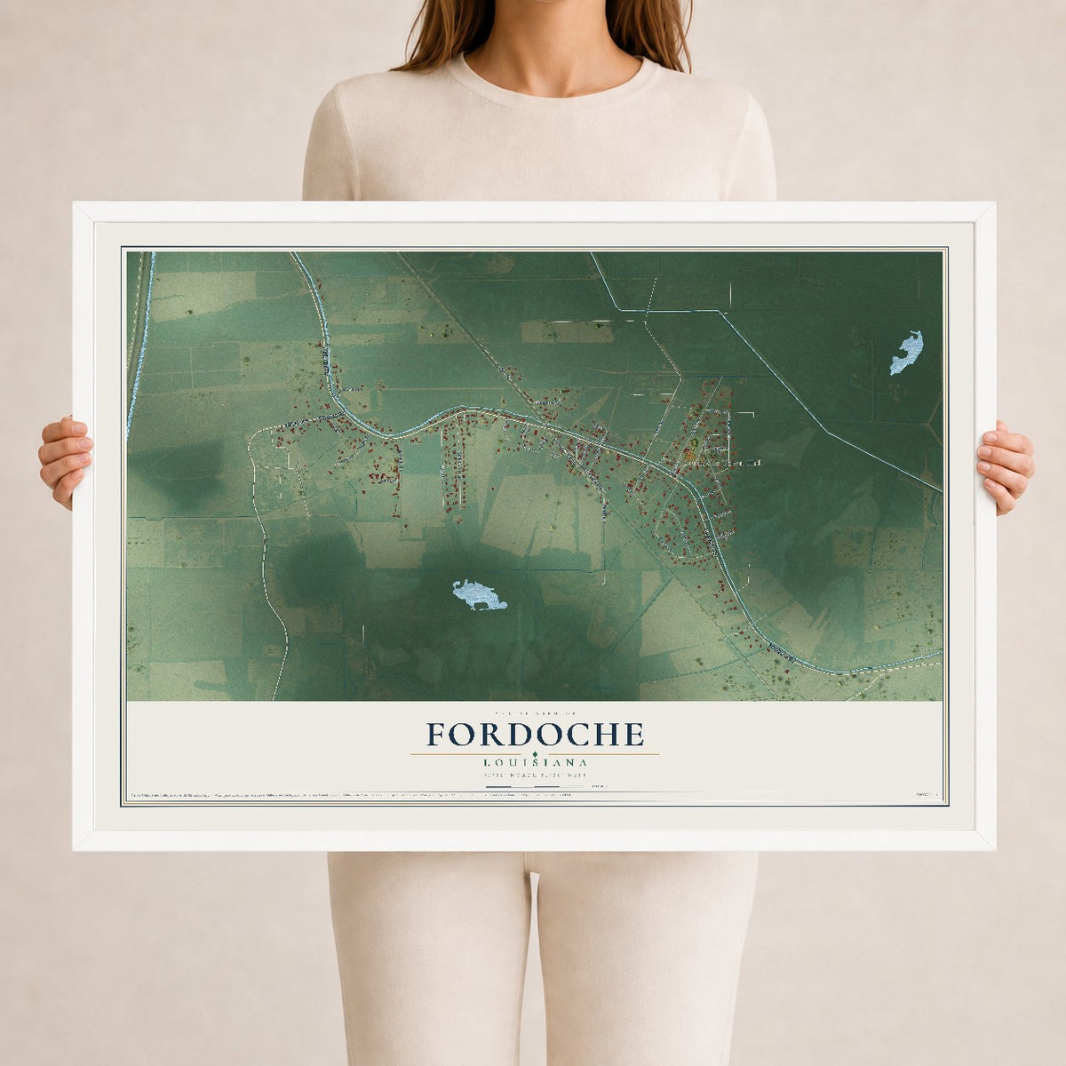 Map of Fordoche, Louisiana, 24 x 36 inch print in a white wood frame