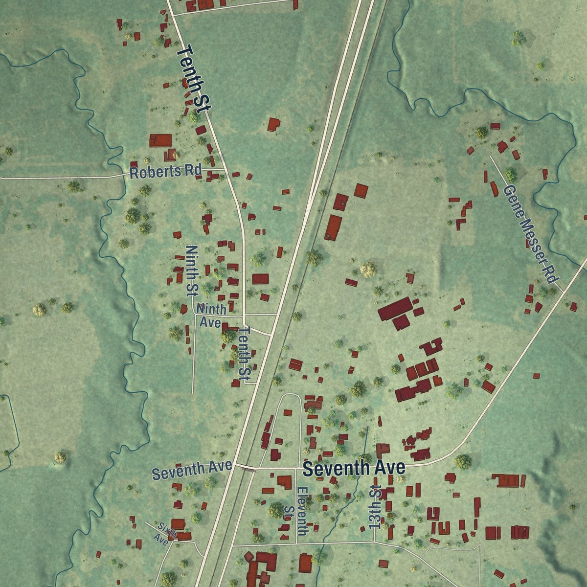 Close-up of the map of Forest Hill, Louisiana print showing street and building detail