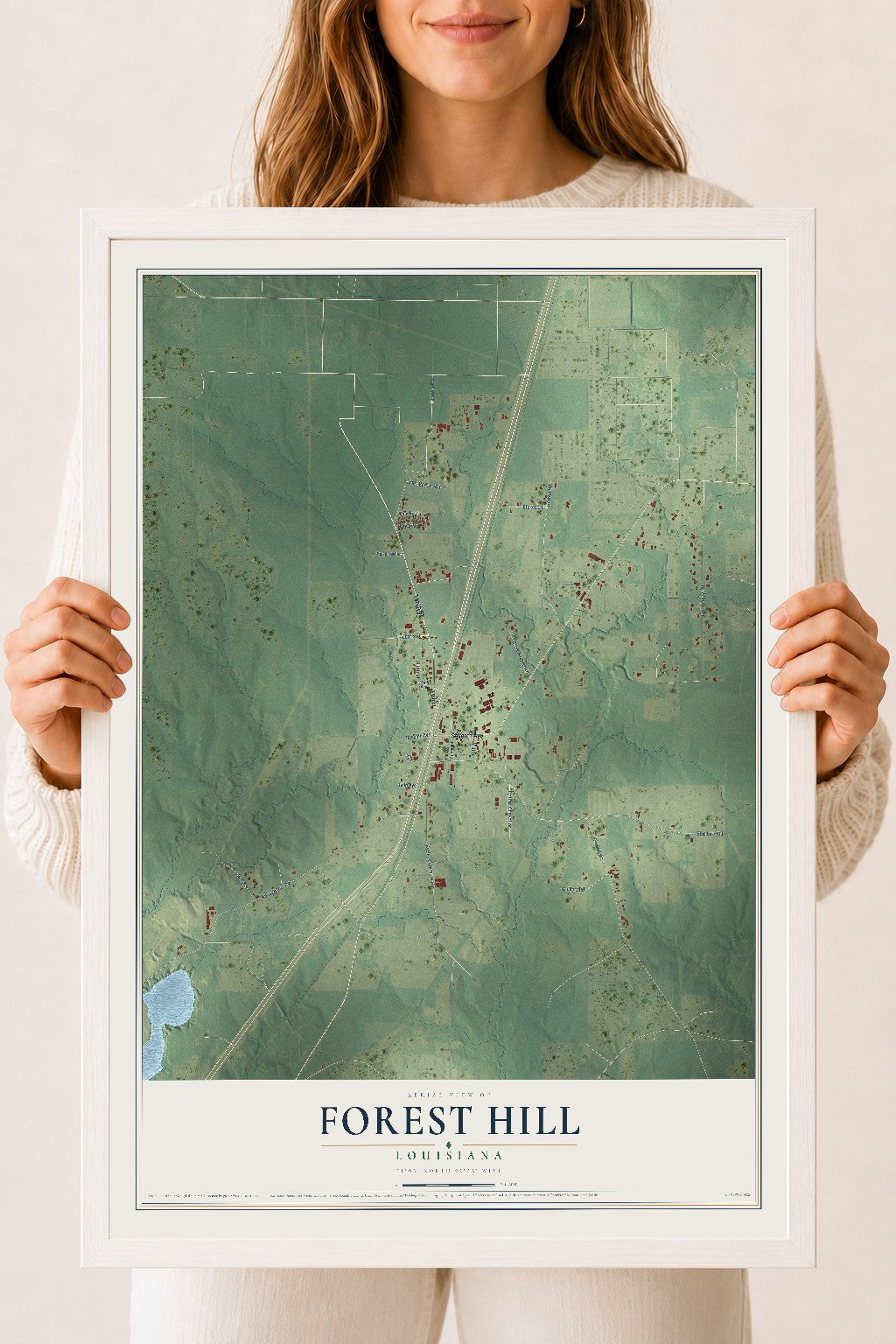 Map of Forest Hill, Louisiana, 18 x 24 inch print in a white wood frame