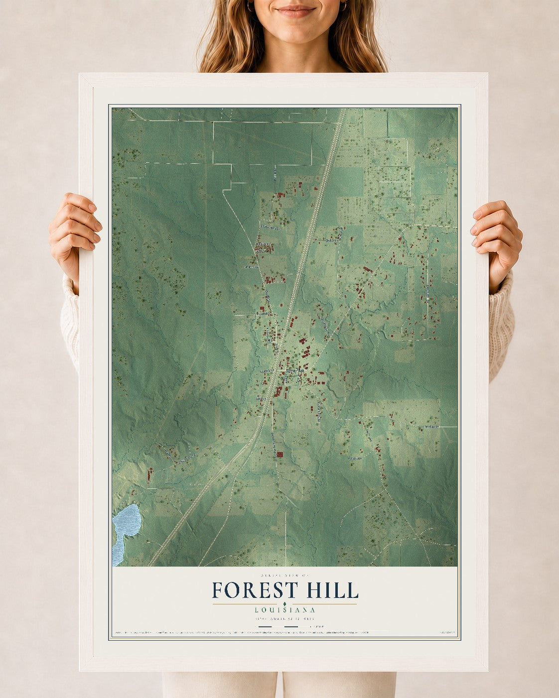 Map of Forest Hill, Louisiana, 24 x 36 inch print in a white wood frame
