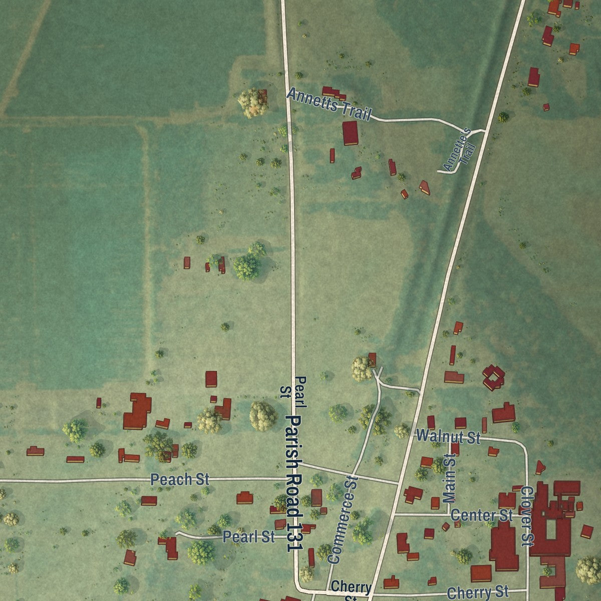 Close-up of the map of Forest, Louisiana print showing street and building detail