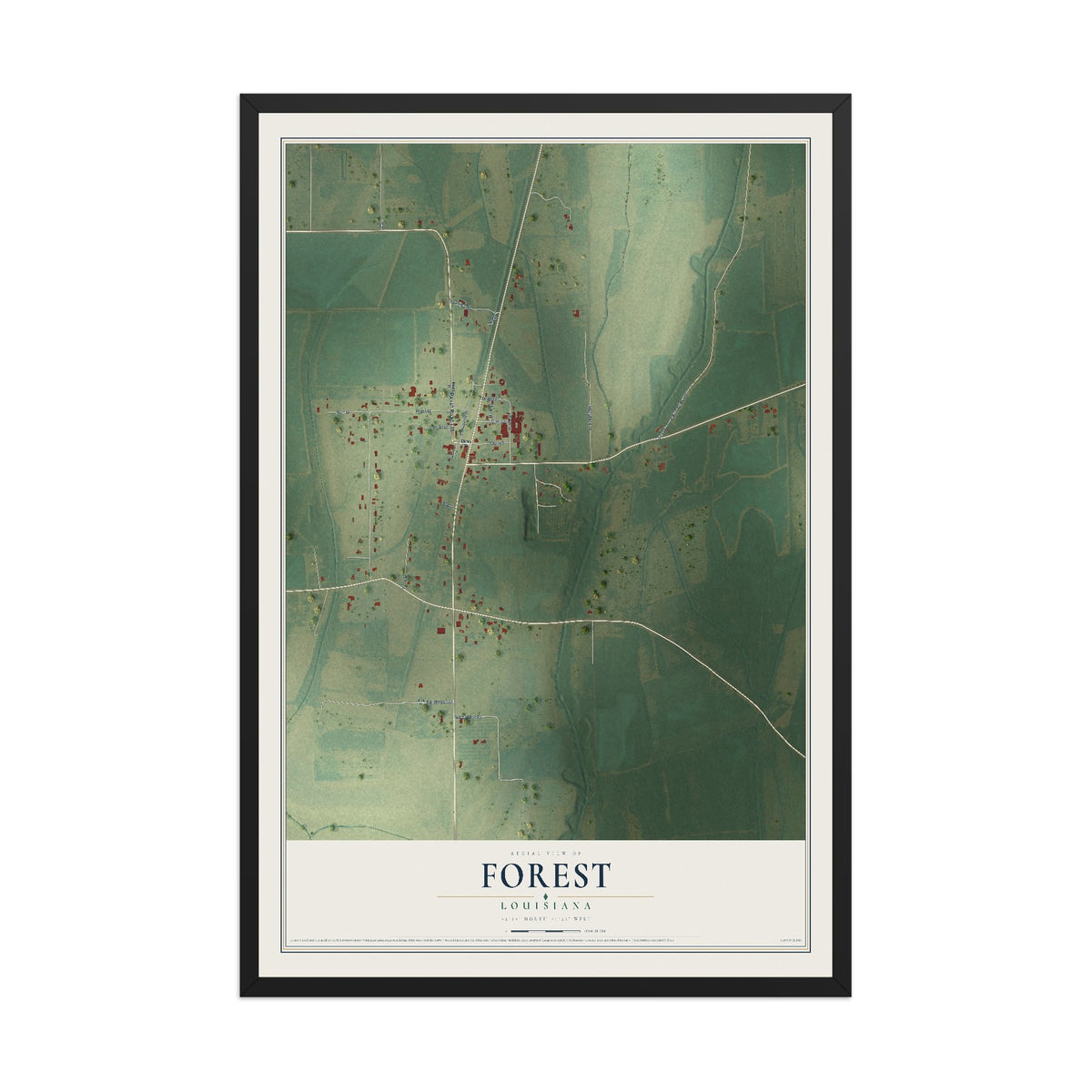 Map of Forest, Louisiana, 12 x 18 inch print in a black wood frame