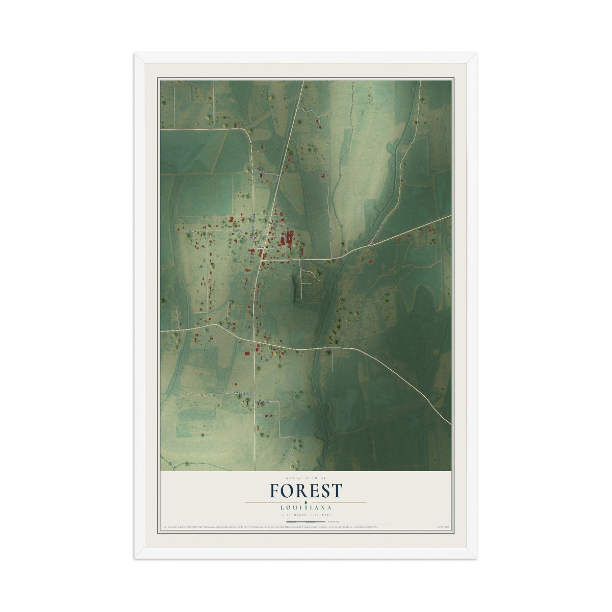 Map of Forest, Louisiana, 12 x 18 inch print in a white wood frame