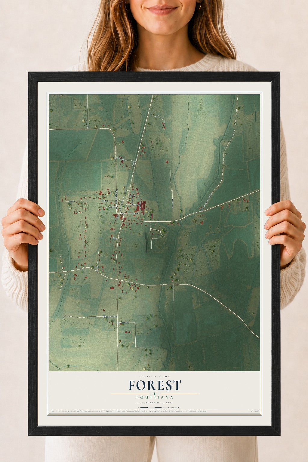 Map of Forest, Louisiana, 18 x 24 inch print in a black wood frame