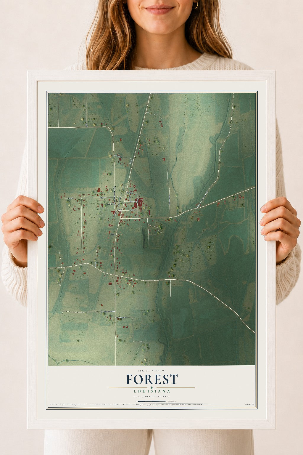 Map of Forest, Louisiana, 18 x 24 inch print in a white wood frame