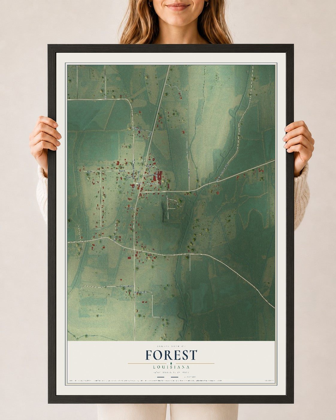 Map of Forest, Louisiana, 24 x 36 inch print in a black wood frame