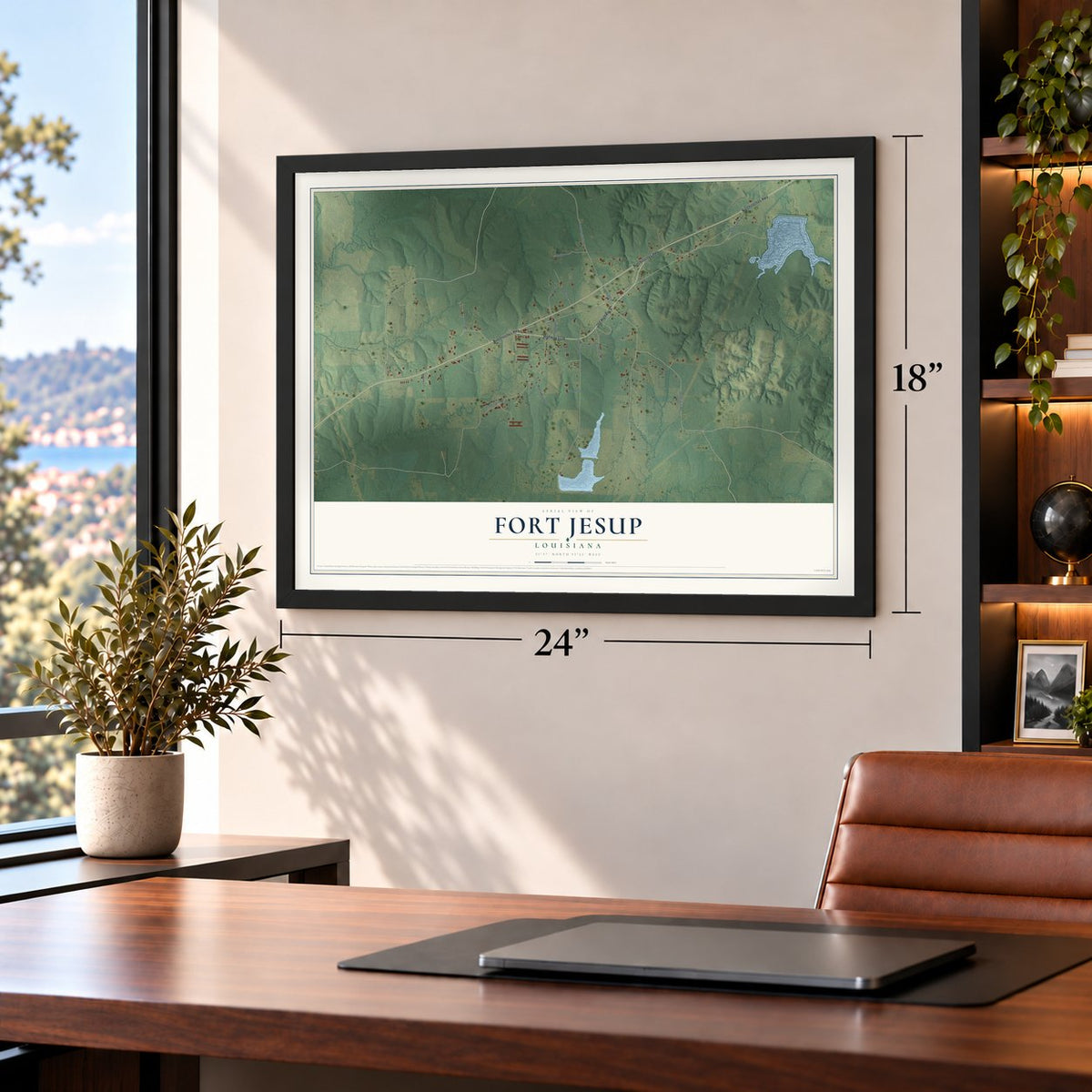 Fort Jesup, Louisiana map, 18 x 24 inch print in a black frame in a home office