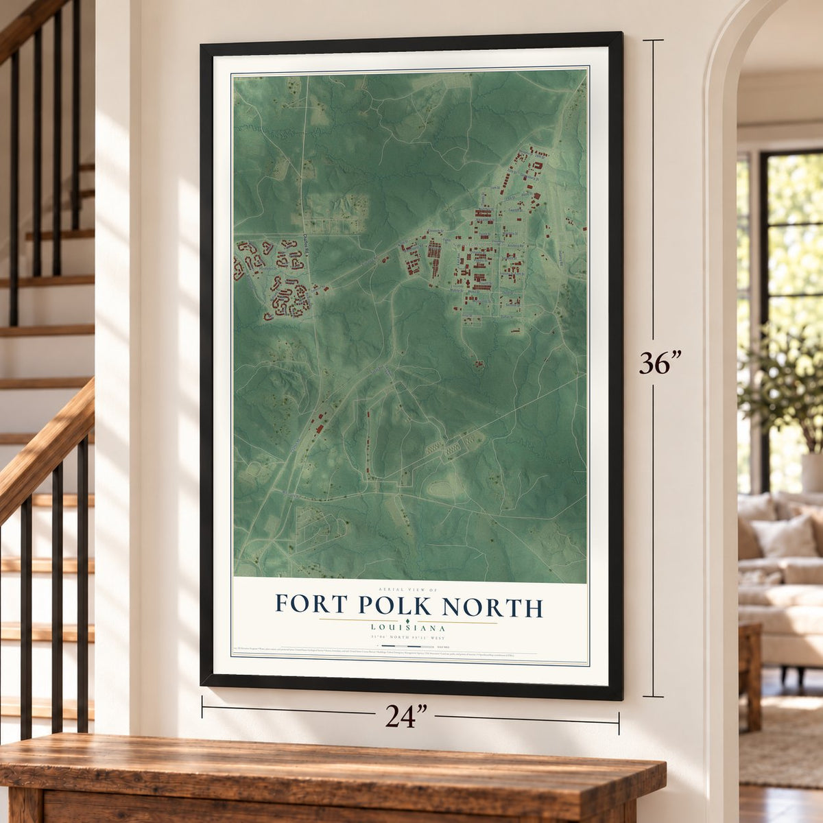 Fort Polk North, Louisiana map, 24 x 36 inch print in a black frame by a staircase