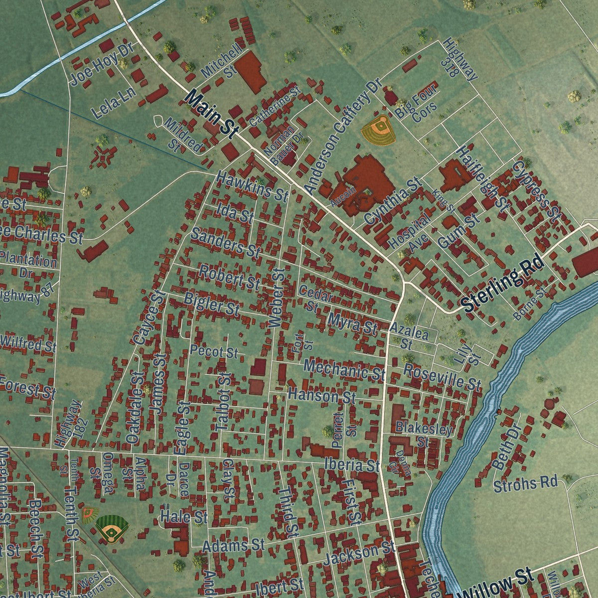 Close-up of the map of Franklin, Louisiana print showing street and building detail