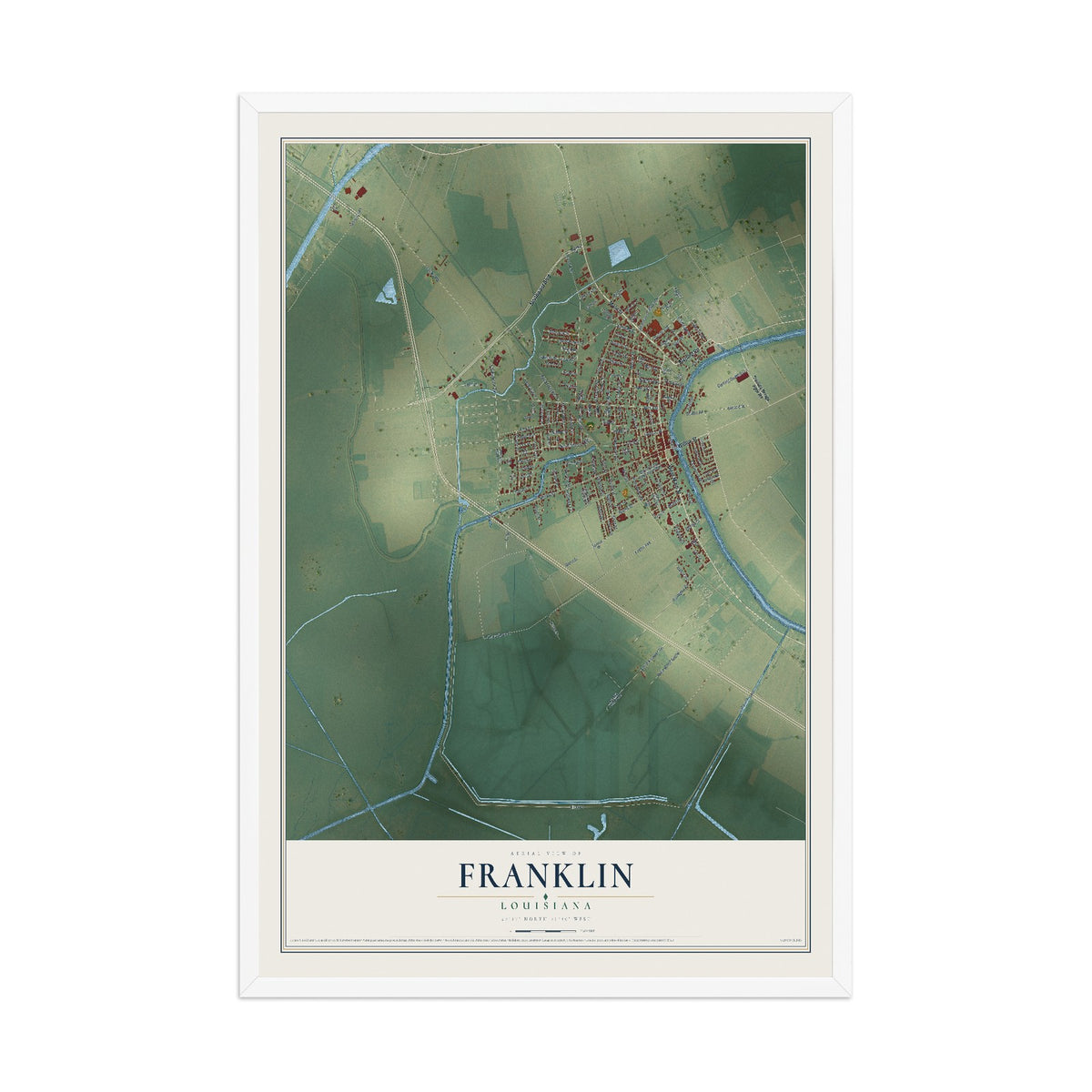 Map of Franklin, Louisiana, 12 x 18 inch print in a white wood frame
