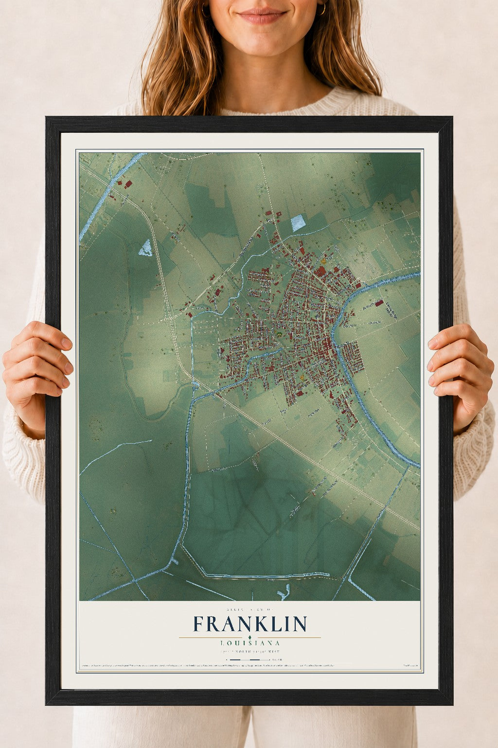 Map of Franklin, Louisiana, 18 x 24 inch print in a black wood frame