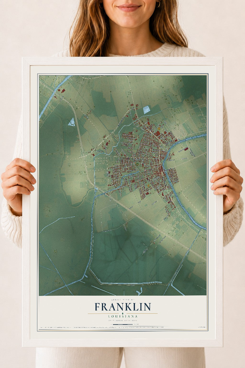 Map of Franklin, Louisiana, 18 x 24 inch print in a white wood frame