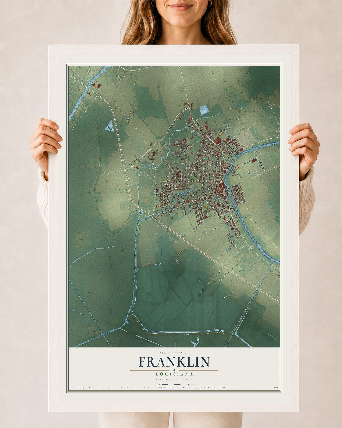 Map of Franklin, Louisiana, 24 x 36 inch print in a white wood frame