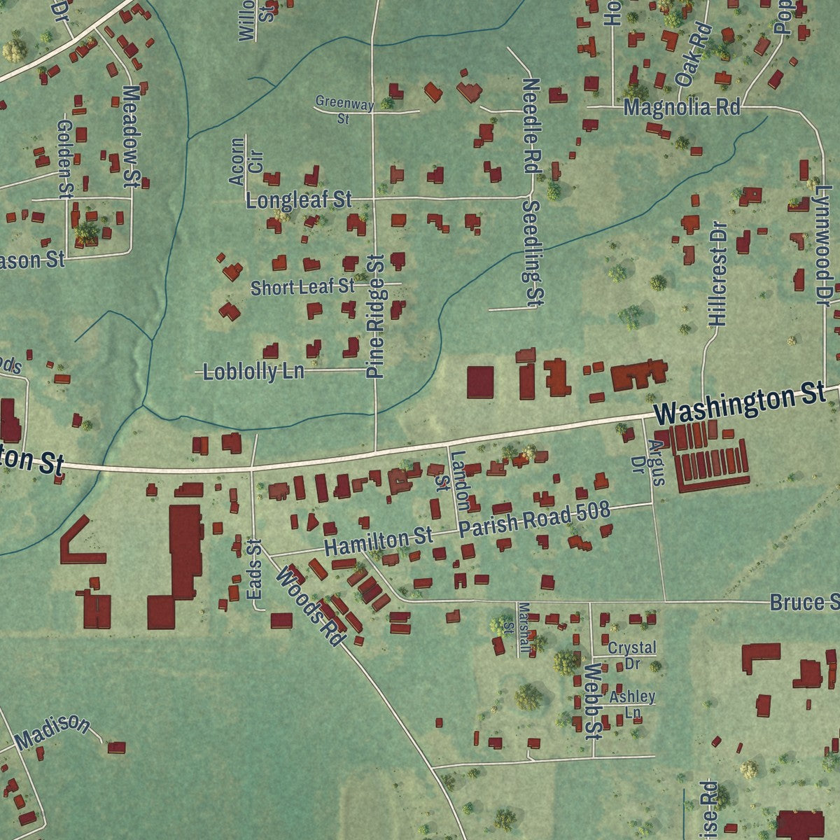 Second close-up of the map of Franklinton, Louisiana print showing more streets and buildings