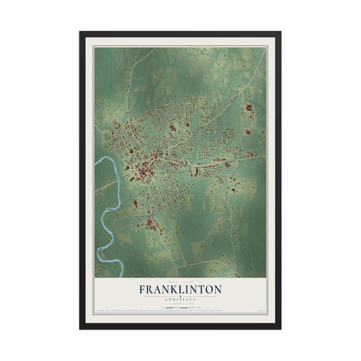 Map of Franklinton, Louisiana, 12 x 18 inch print in a black wood frame