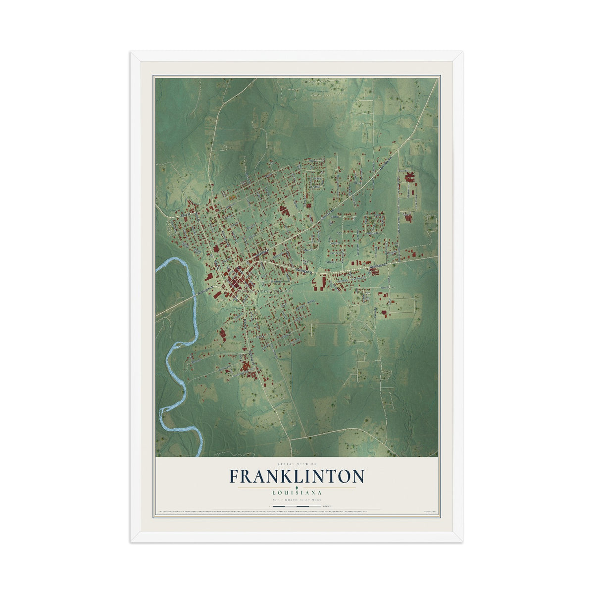 Map of Franklinton, Louisiana, 12 x 18 inch print in a white wood frame