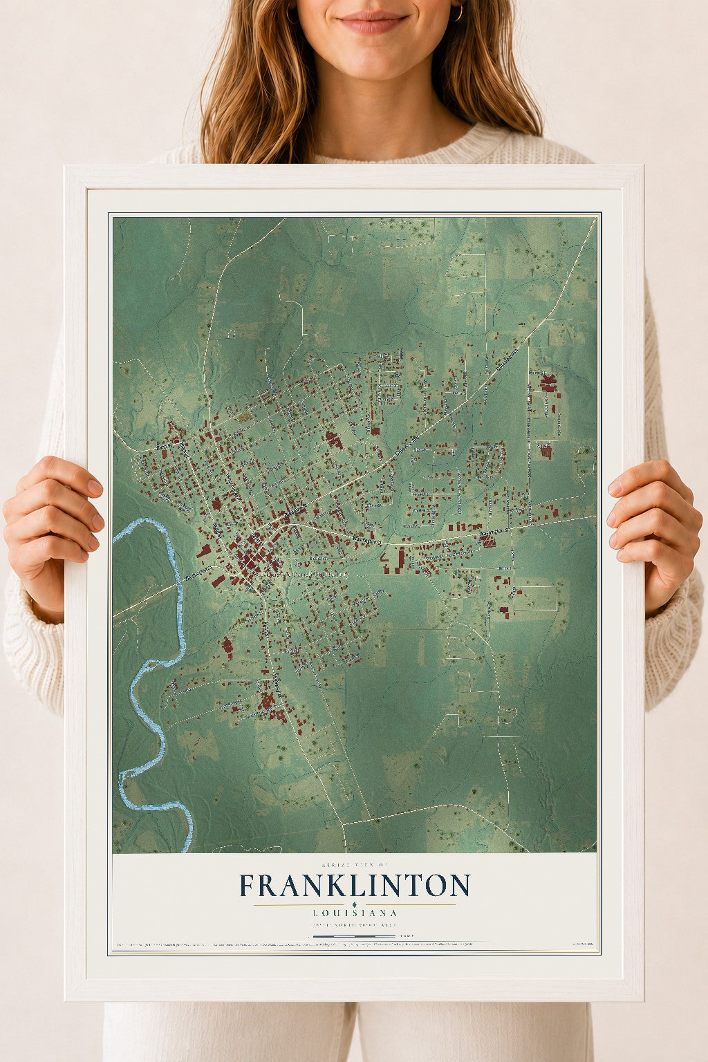 Map of Franklinton, Louisiana, 18 x 24 inch print in a white wood frame