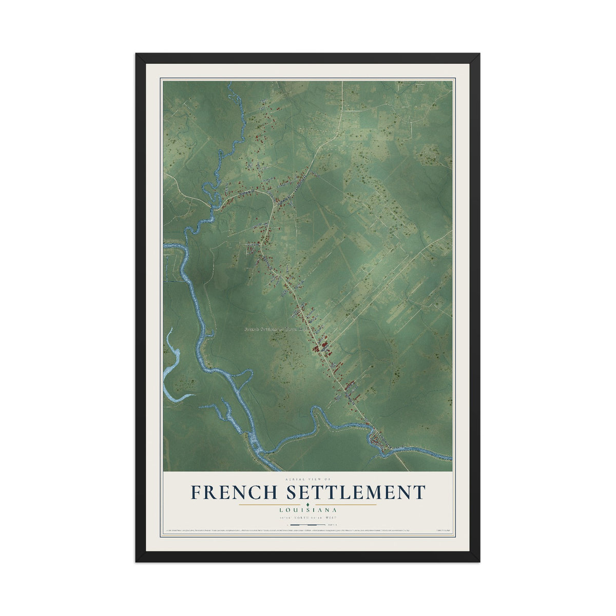 Map of French Settlement, Louisiana, 12 x 18 inch print in a black wood frame