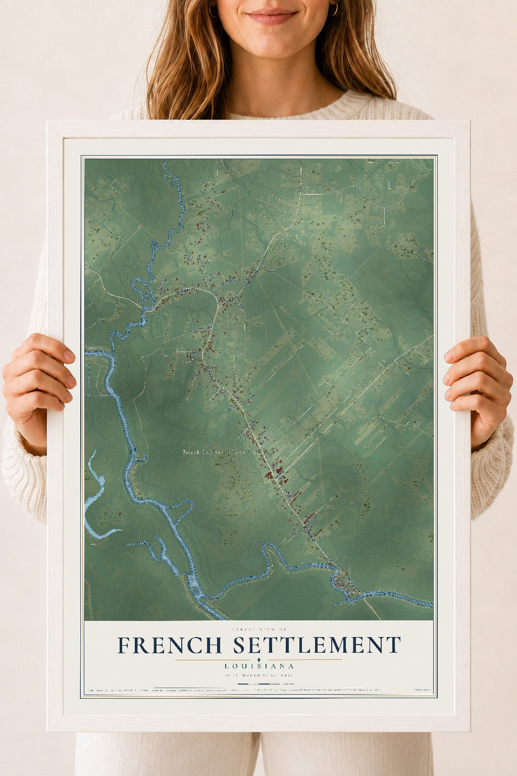 Map of French Settlement, Louisiana, 18 x 24 inch print in a white wood frame