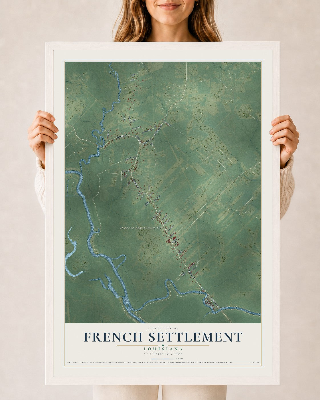 Map of French Settlement, Louisiana, 24 x 36 inch print in a white wood frame