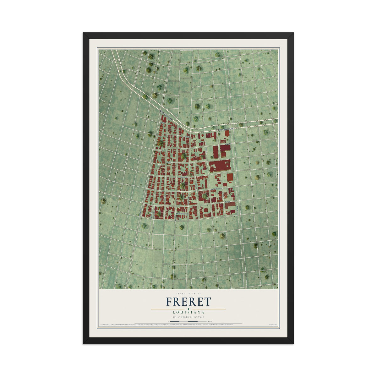 Map of Freret, Louisiana, 12 x 18 inch print in a black wood frame