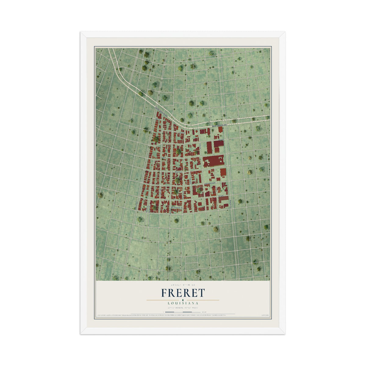 Map of Freret, Louisiana, 12 x 18 inch print in a white wood frame