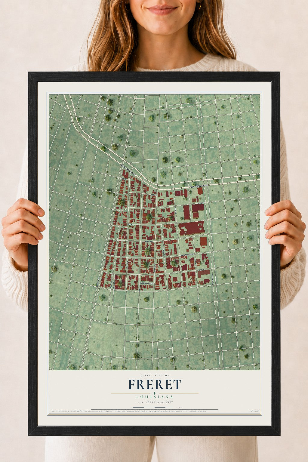 Map of Freret, Louisiana, 18 x 24 inch print in a black wood frame