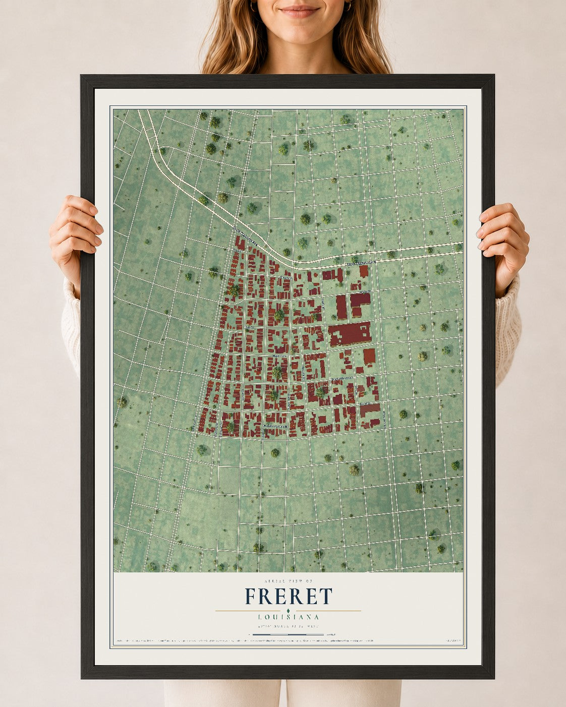 Map of Freret, Louisiana, 24 x 36 inch print in a black wood frame