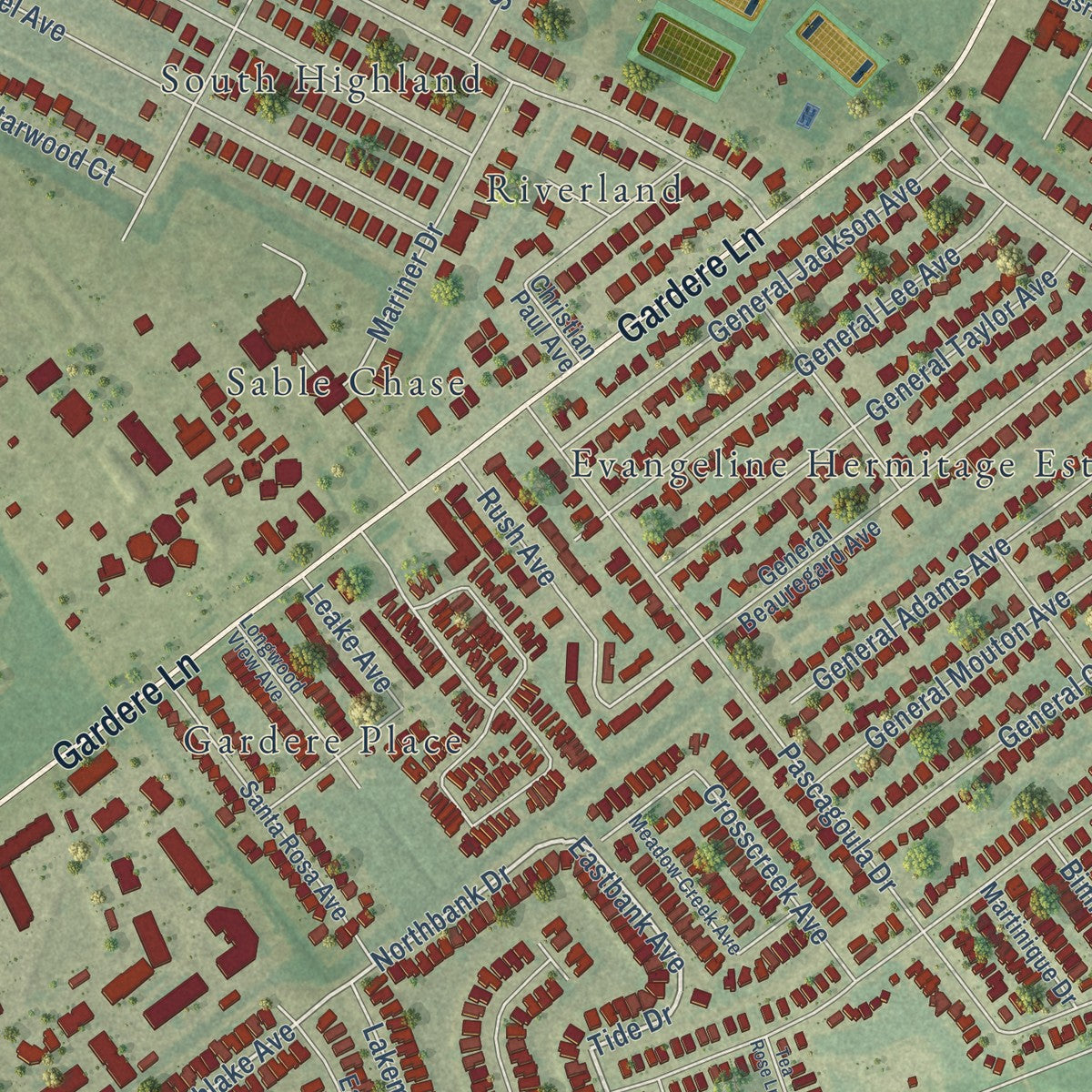 Close-up of the map of Gardere, Louisiana print showing street and building detail