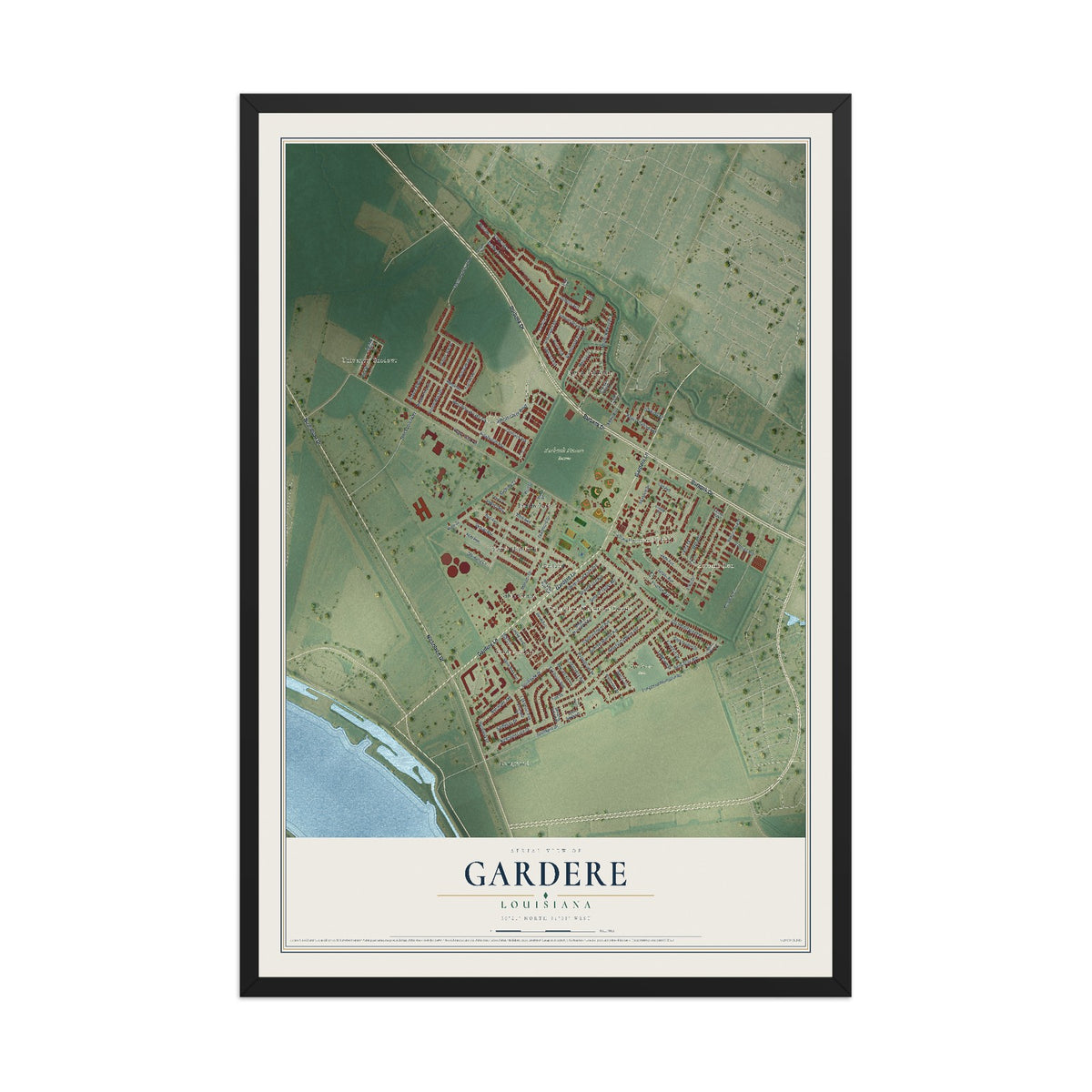Map of Gardere, Louisiana, 12 x 18 inch print in a black wood frame