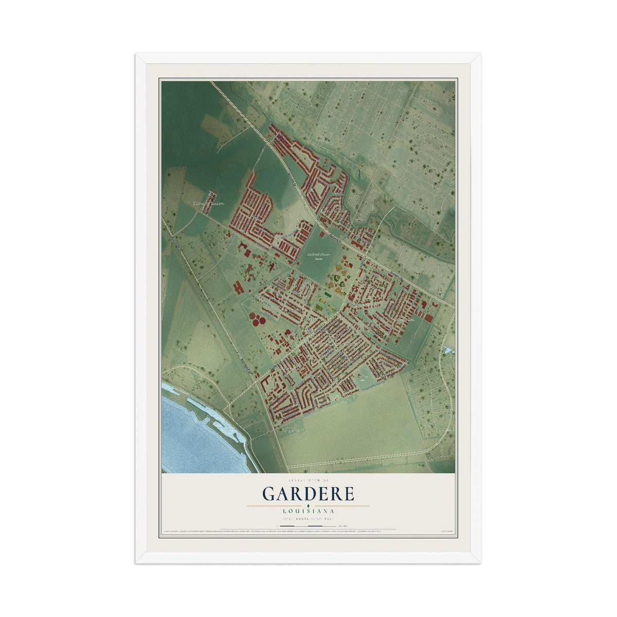 Map of Gardere, Louisiana, 12 x 18 inch print in a white wood frame