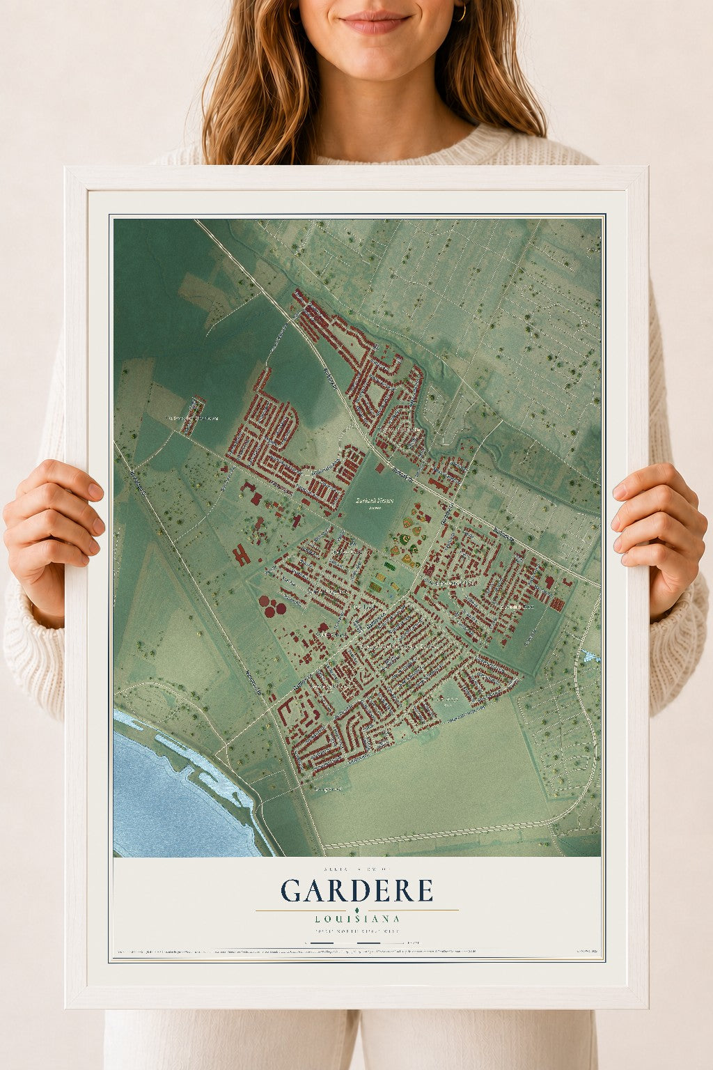 Map of Gardere, Louisiana, 18 x 24 inch print in a white wood frame
