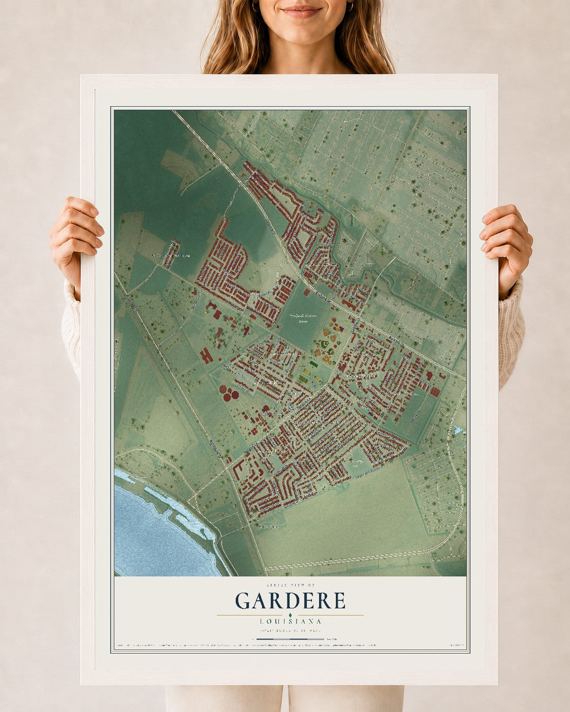 Map of Gardere, Louisiana, 24 x 36 inch print in a white wood frame
