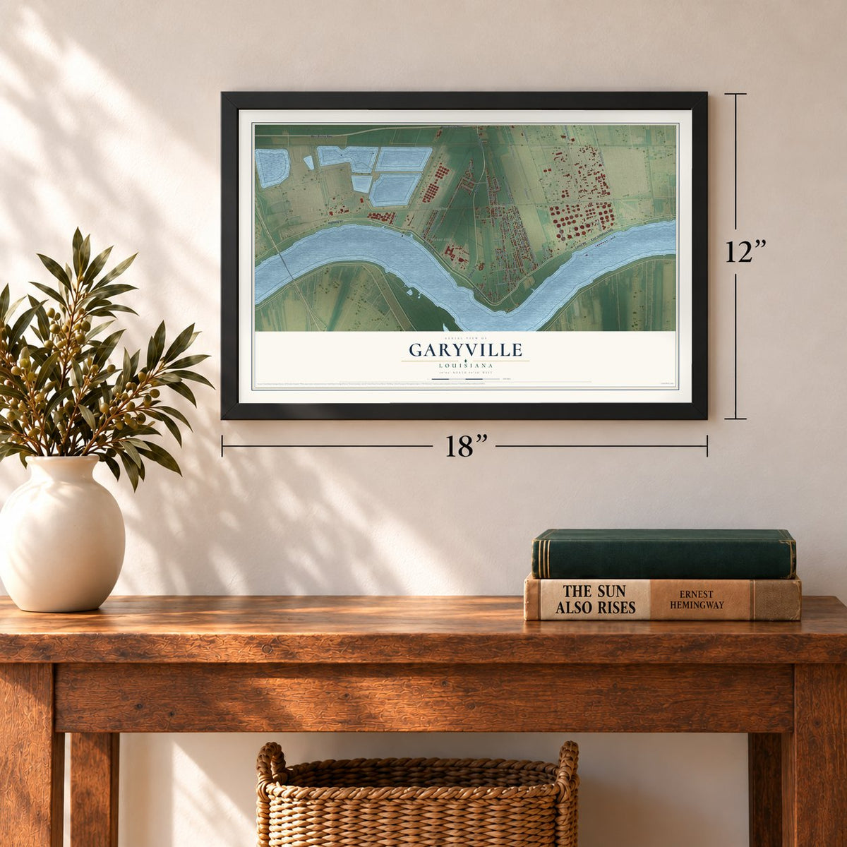 Garyville, Louisiana map, 12 x 18 inch print in a black frame in an entryway