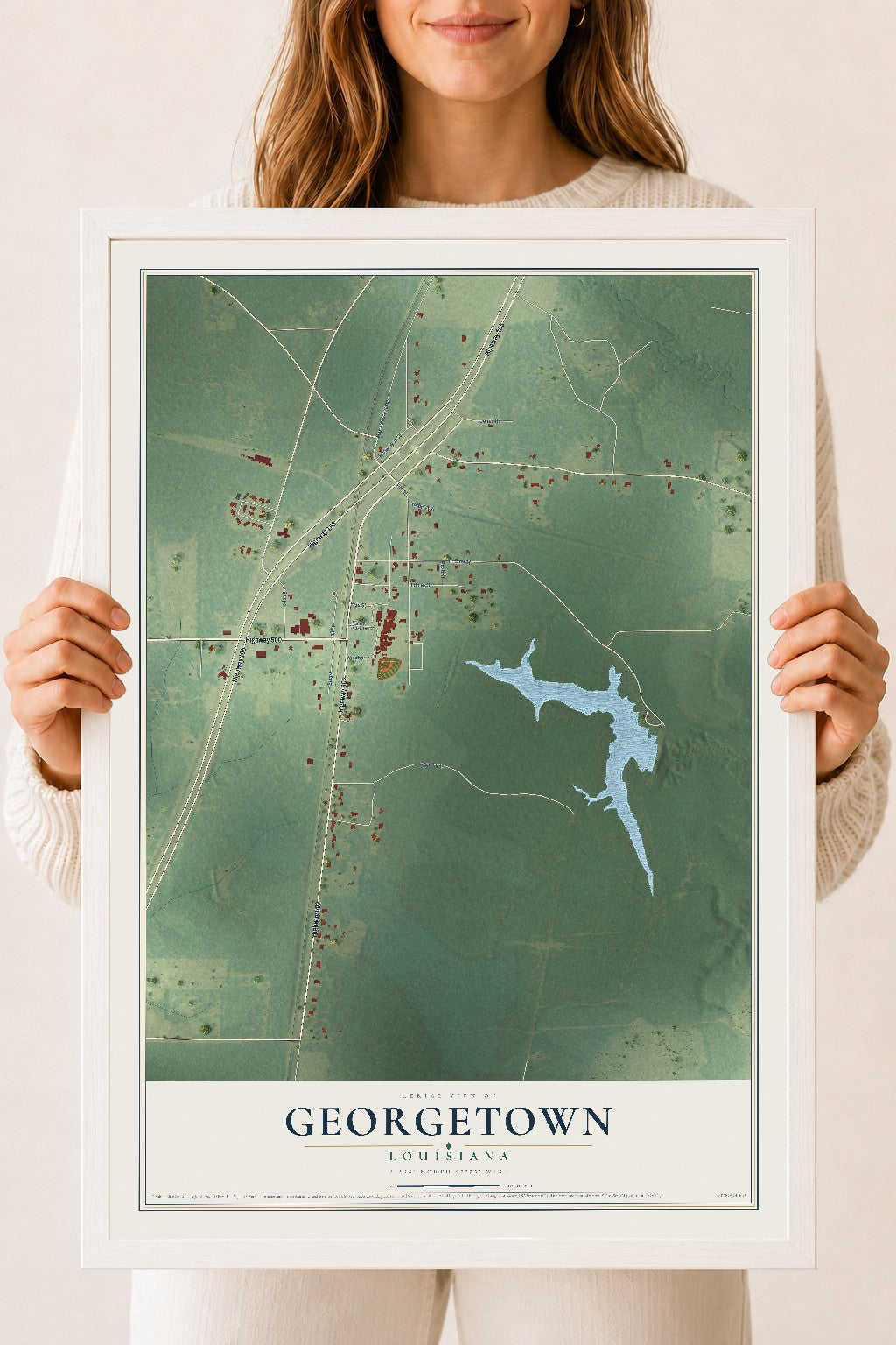 Map of Georgetown, Louisiana, 18 x 24 inch print in a white wood frame