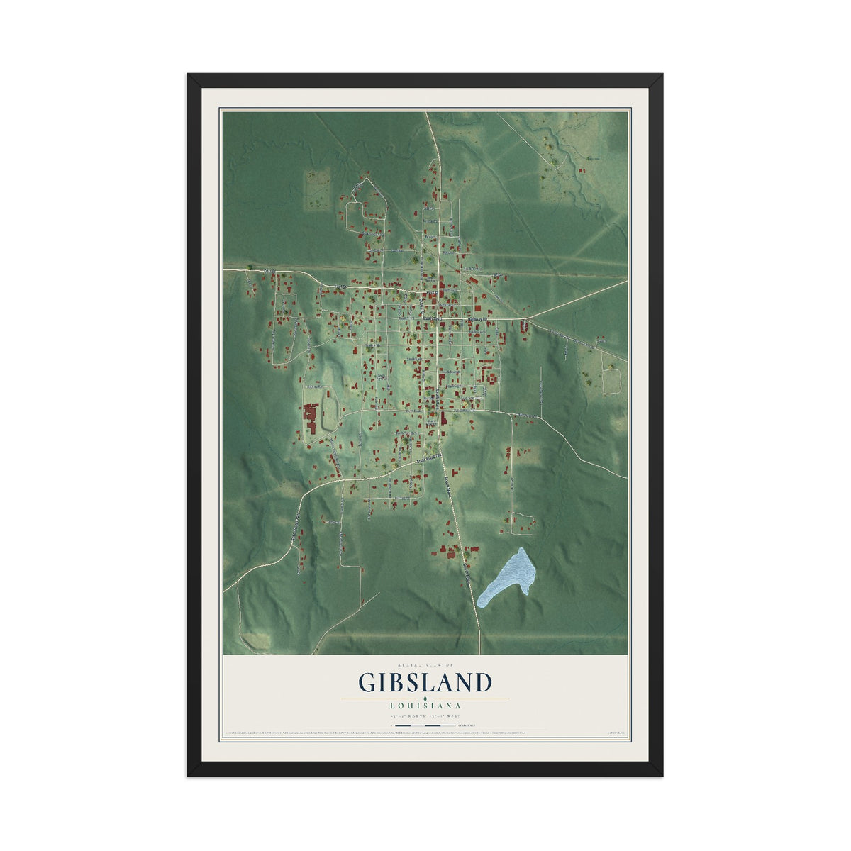 Map of Gibsland, Louisiana, 12 x 18 inch print in a black wood frame