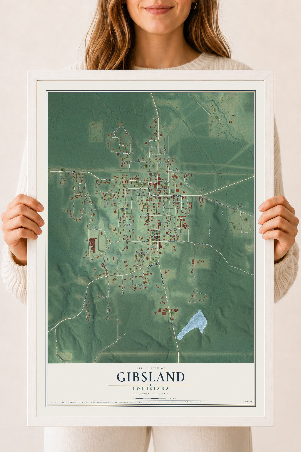 Map of Gibsland, Louisiana, 18 x 24 inch print in a white wood frame