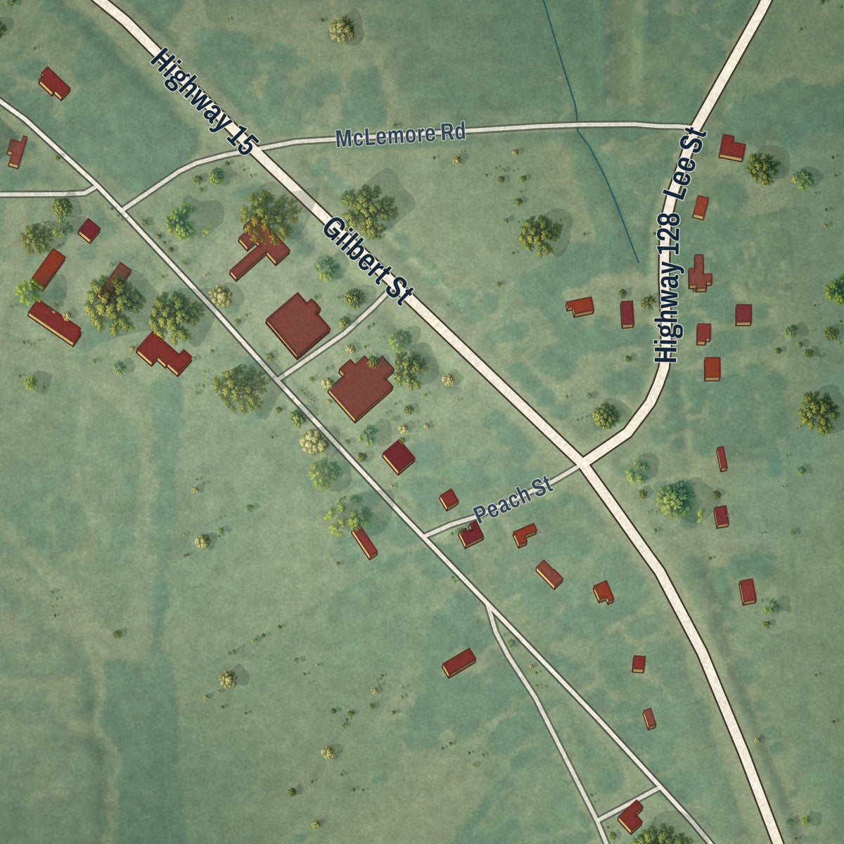 Second close-up of the map of Gilbert, Louisiana print showing more streets and buildings