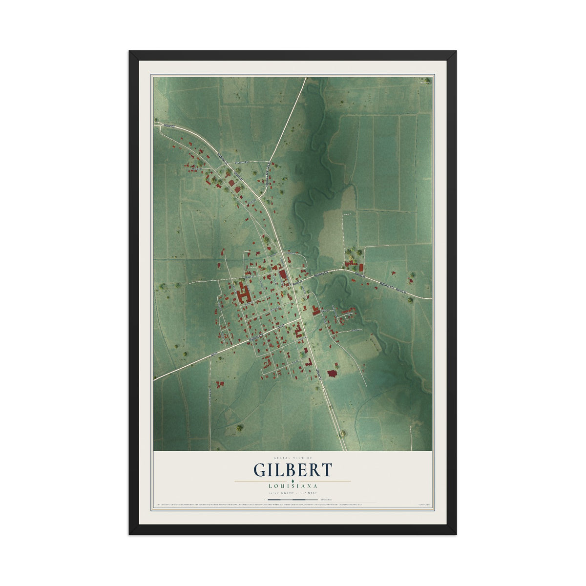 Map of Gilbert, Louisiana, 12 x 18 inch print in a black wood frame