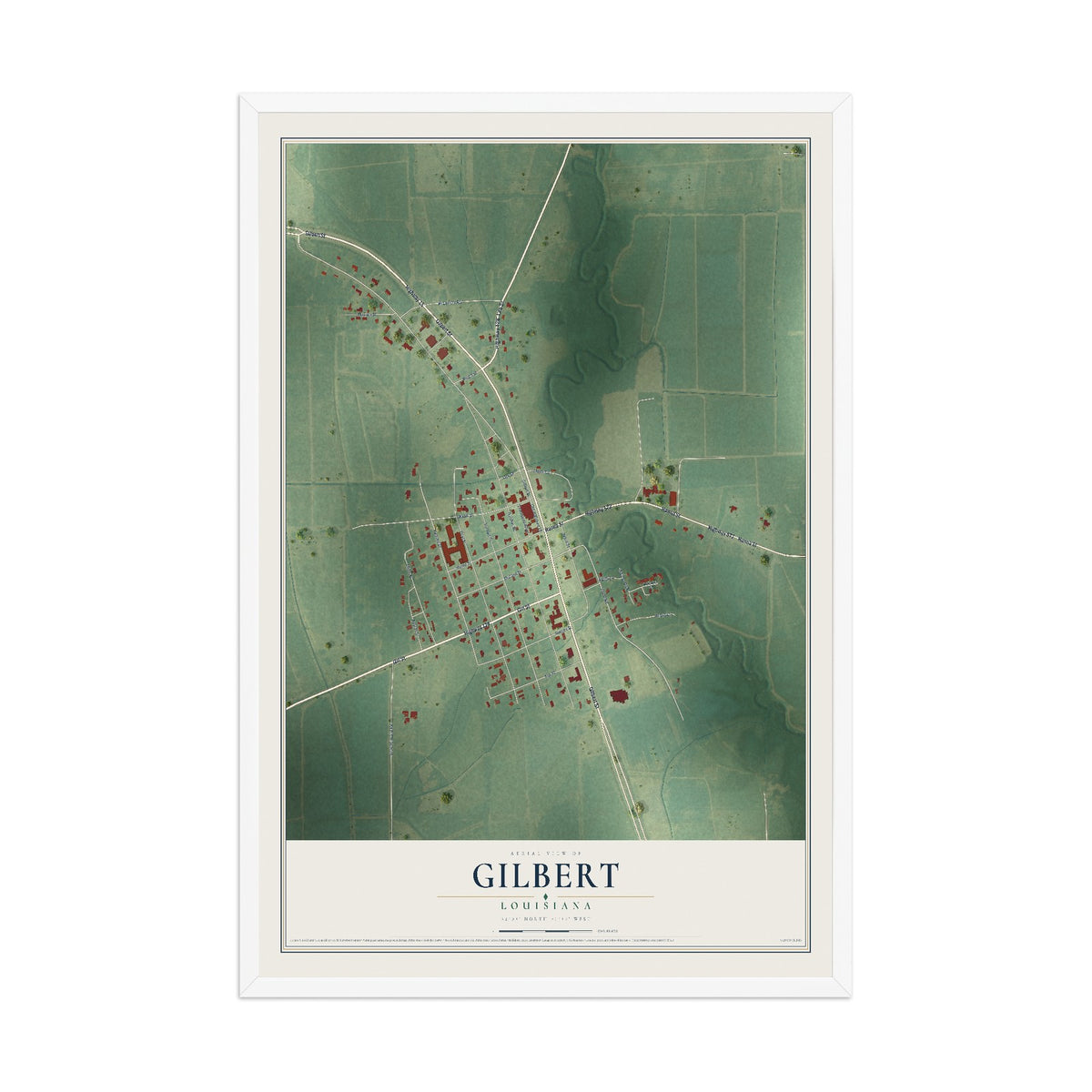 Map of Gilbert, Louisiana, 12 x 18 inch print in a white wood frame