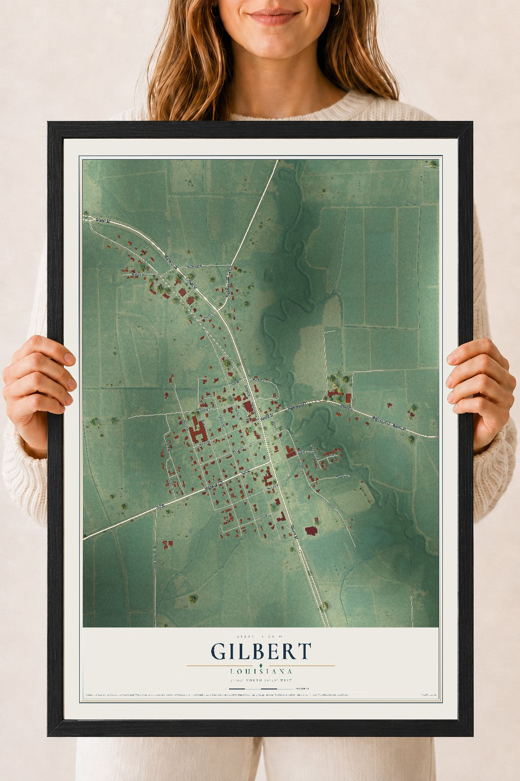 Map of Gilbert, Louisiana, 18 x 24 inch print in a black wood frame