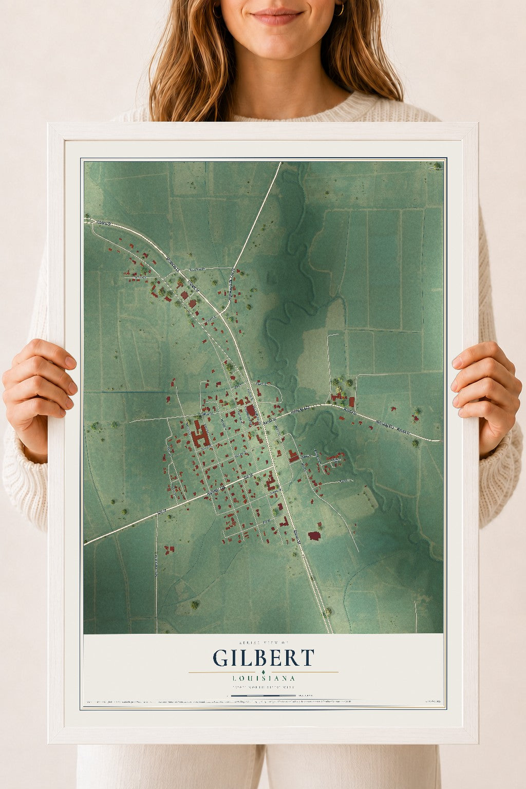 Map of Gilbert, Louisiana, 18 x 24 inch print in a white wood frame