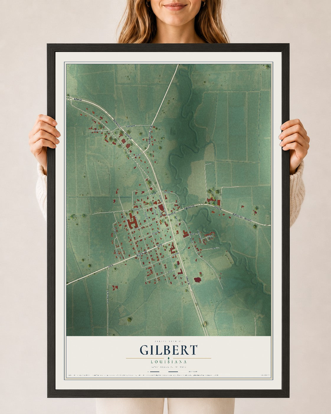 Map of Gilbert, Louisiana, 24 x 36 inch print in a black wood frame