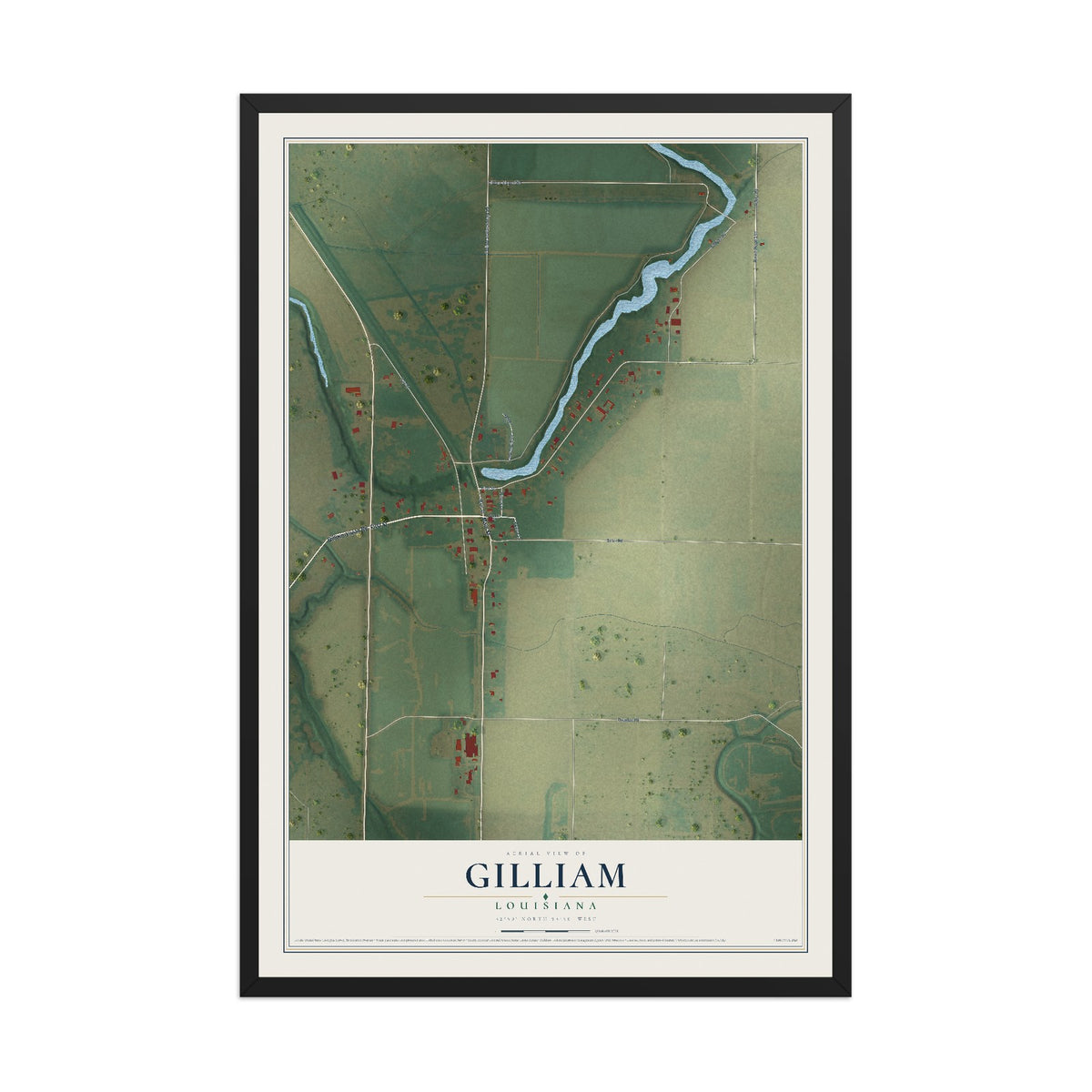 Map of Gilliam, Louisiana, 12 x 18 inch print in a black wood frame